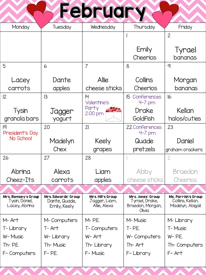 Mrs. Ward's Kindergarten Snack & Activity Calendar